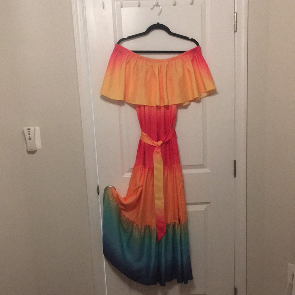 Rainbow Tye Dye Off Shoulder Maxi Dress, L